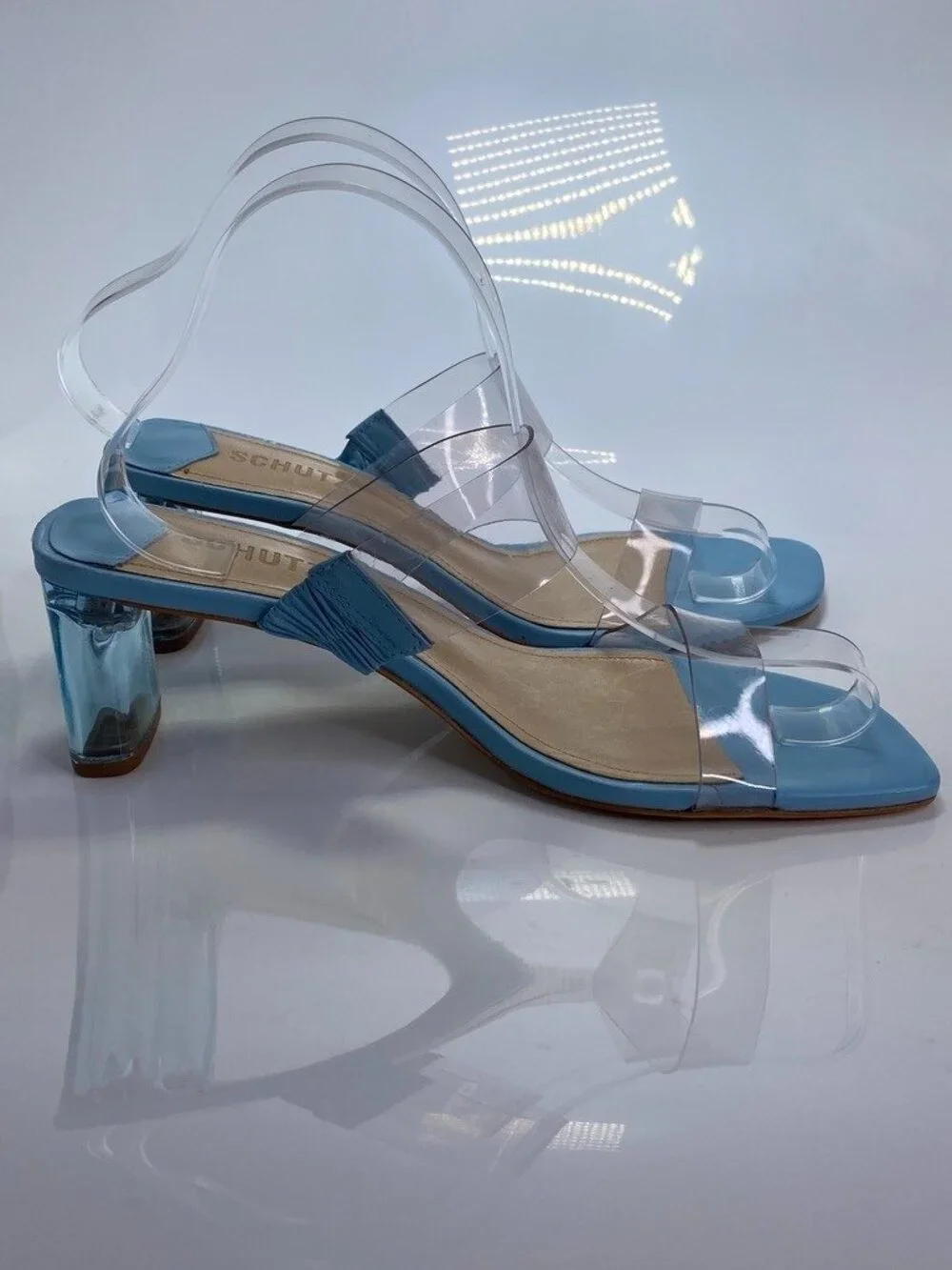 Schutz Women's Ariella Acrylic Mid Clear Blue Strap Sandal Sz 8.5